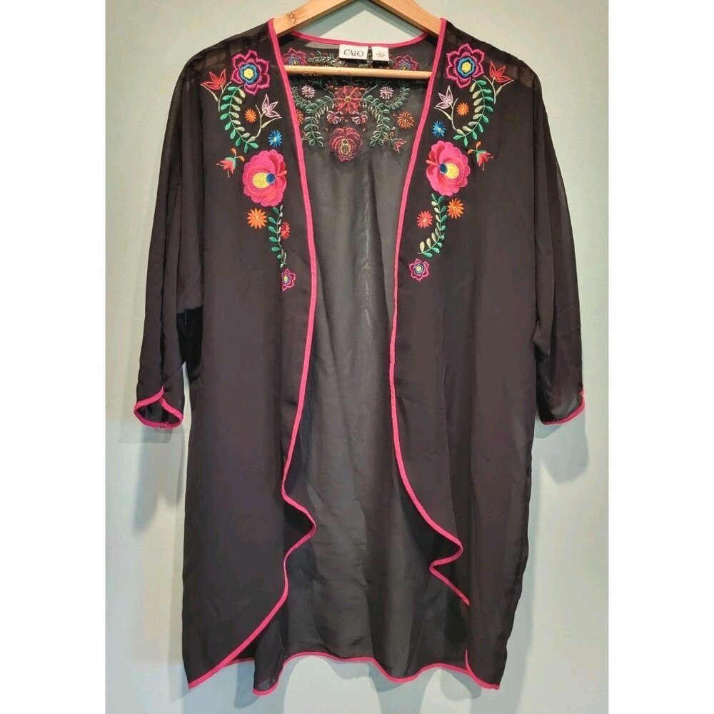 Black Sheer Multicolor Floral Embroidered Open Boho Kimono Topper Sz L Cato